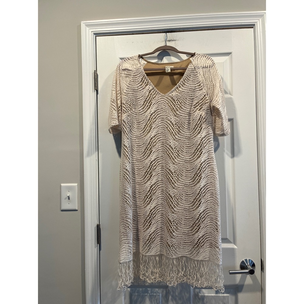 Emma & Michele Cream Crochet Lace Fringe V-Neck Shift Dress L 21601